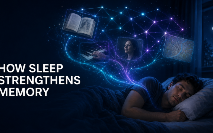 Illustration showing how sleep strengthens memory through connected experiences