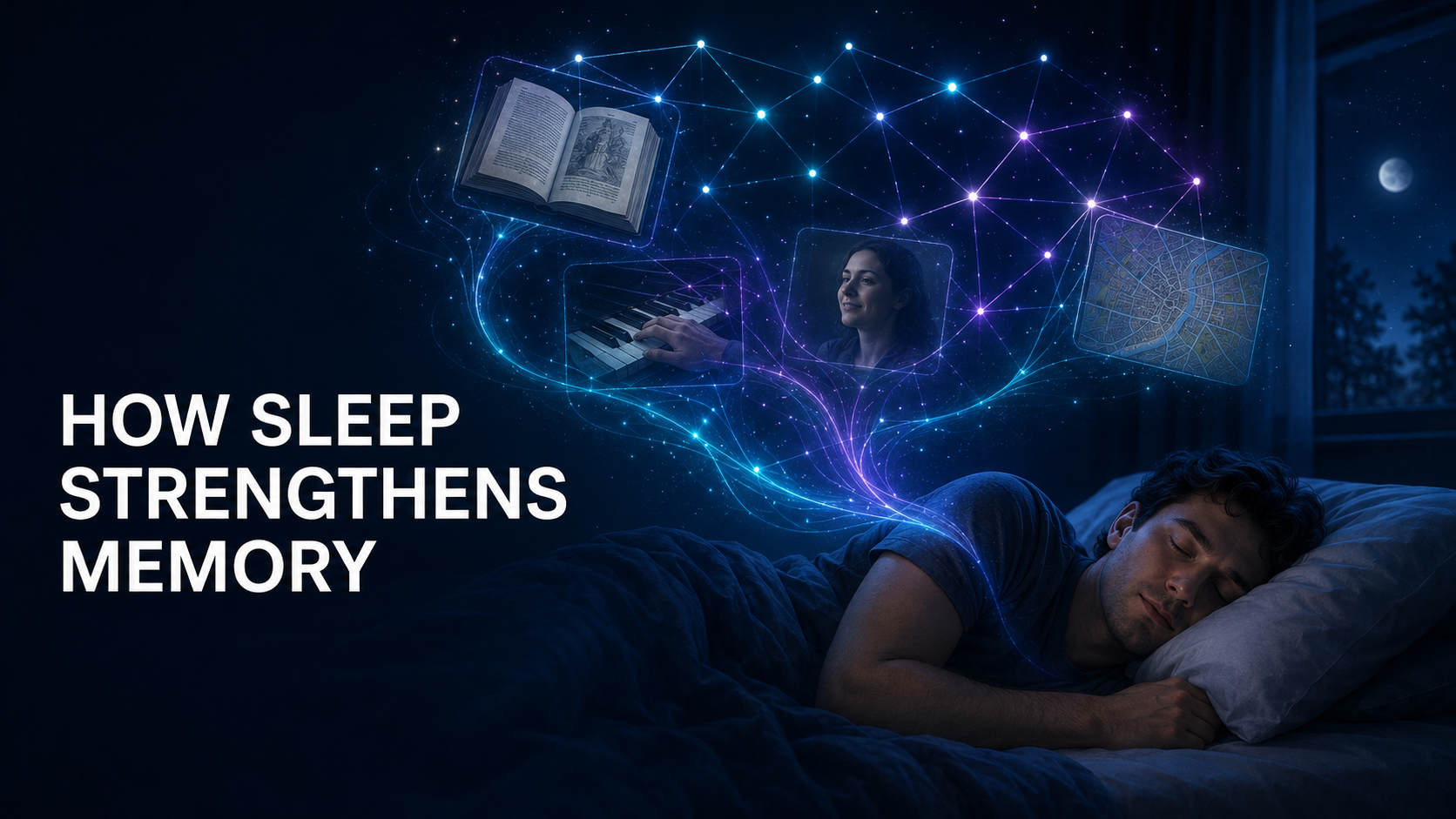 Illustration showing how sleep strengthens memory through connected experiences